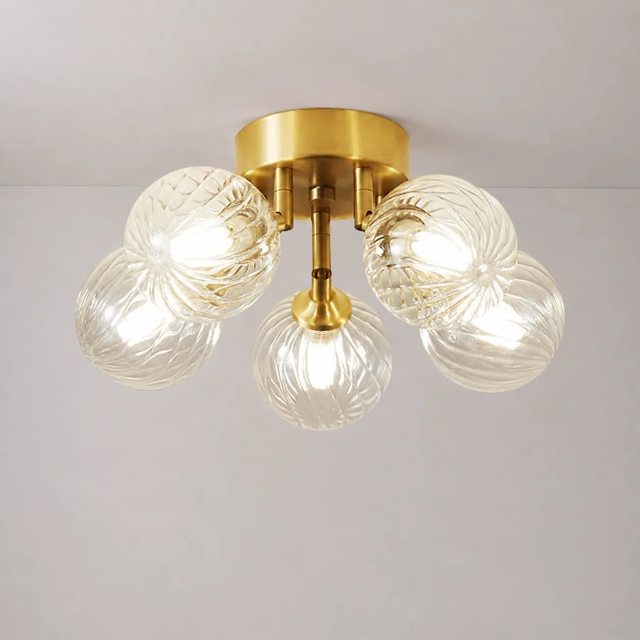 Modern Brass Five-Light Semi Flush Mount Ceiling Light with Clear Ribbed Glass Globe Bubbles