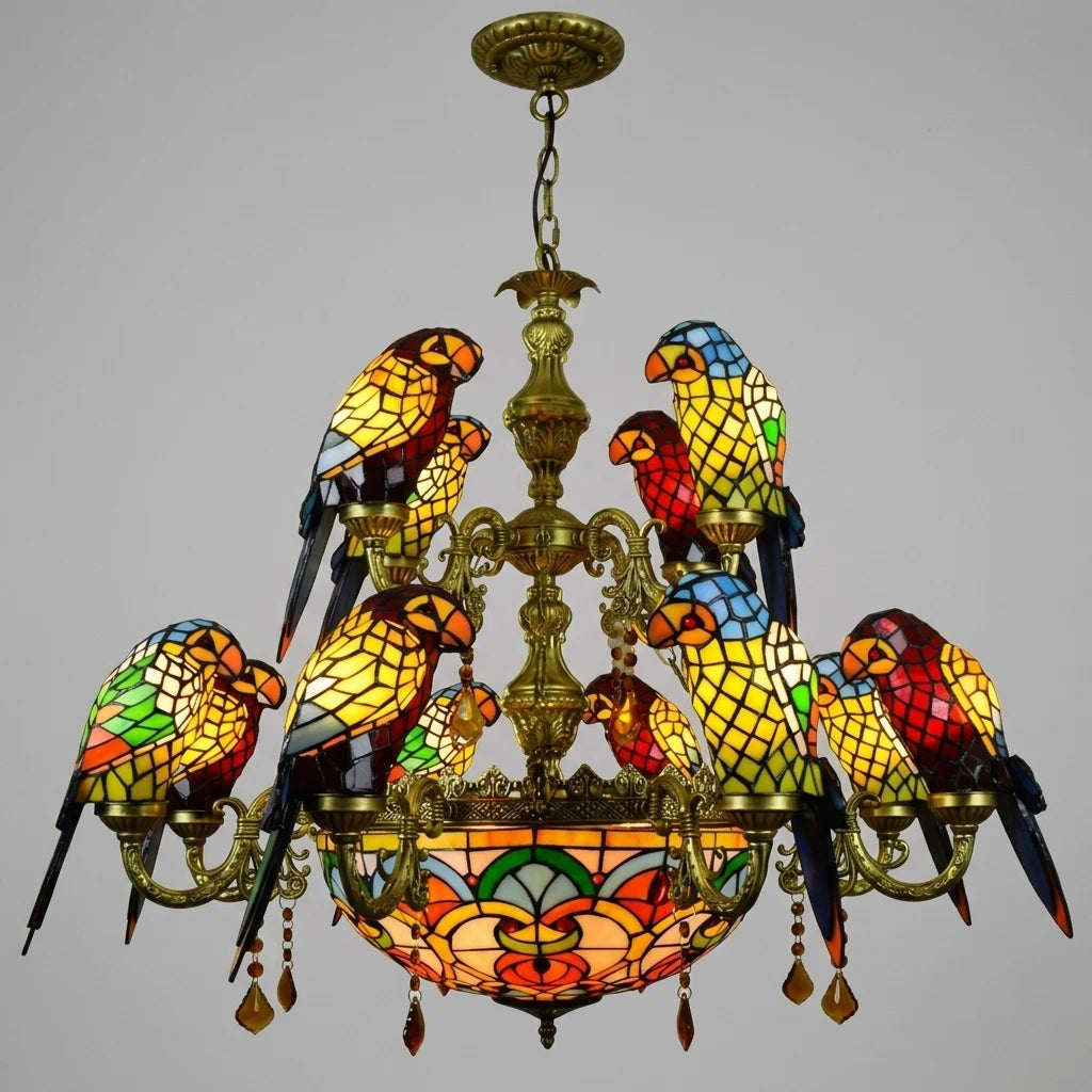 Tiffany-Style Stained Glass Parrot Chandelier Large Vintage Colorful Handcrafted Bird Pendant Light Fixture
