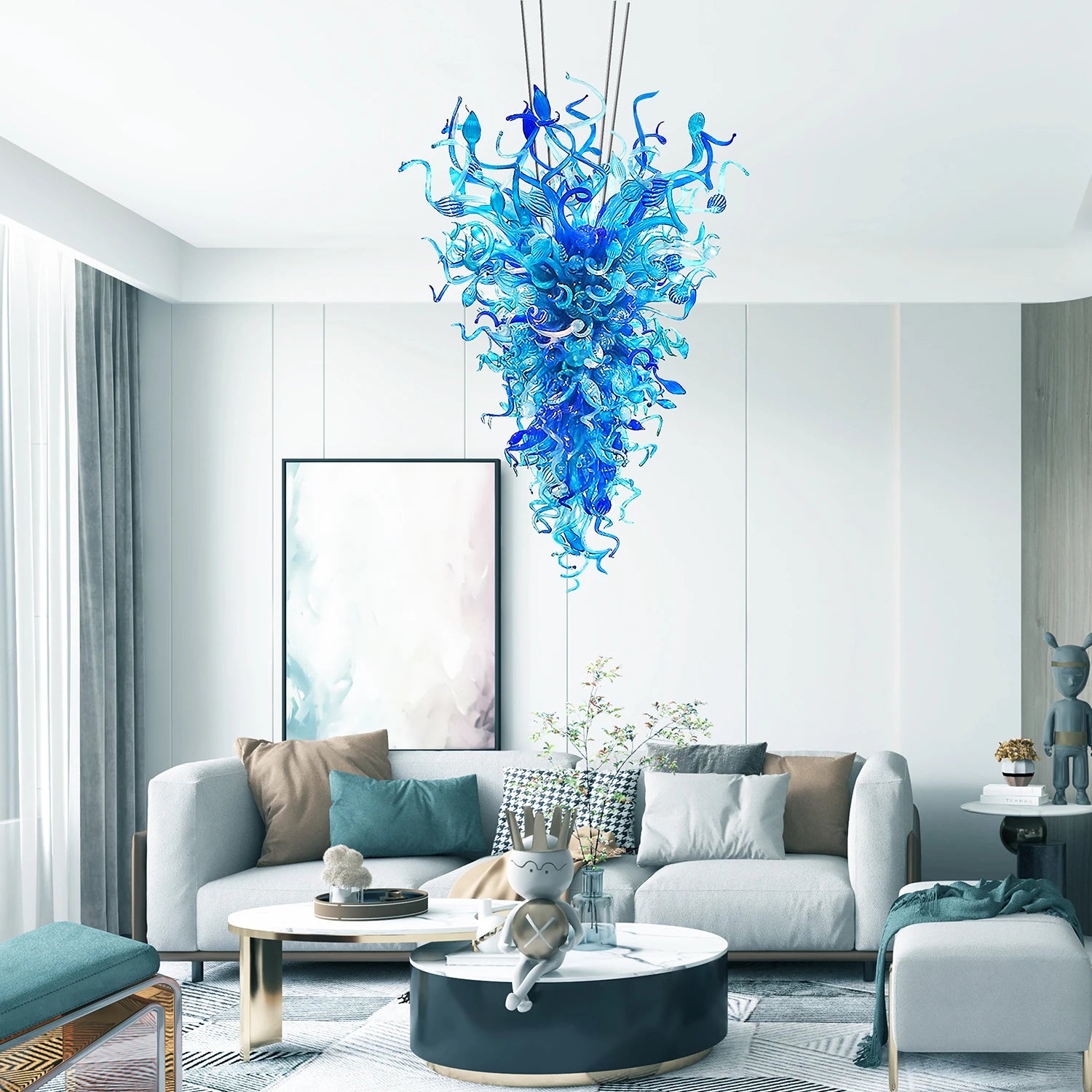 Blue Blown Glass Chandelier Luxury Oceanic Organic Glass Sculpture Hanging Light Fixture