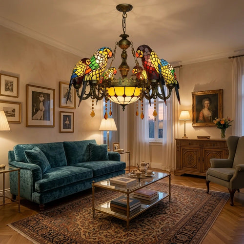 Retro Tiffany-Style Stained Glass Parrot Chandelier Vintage Multicolor Glass Bird Chandelier