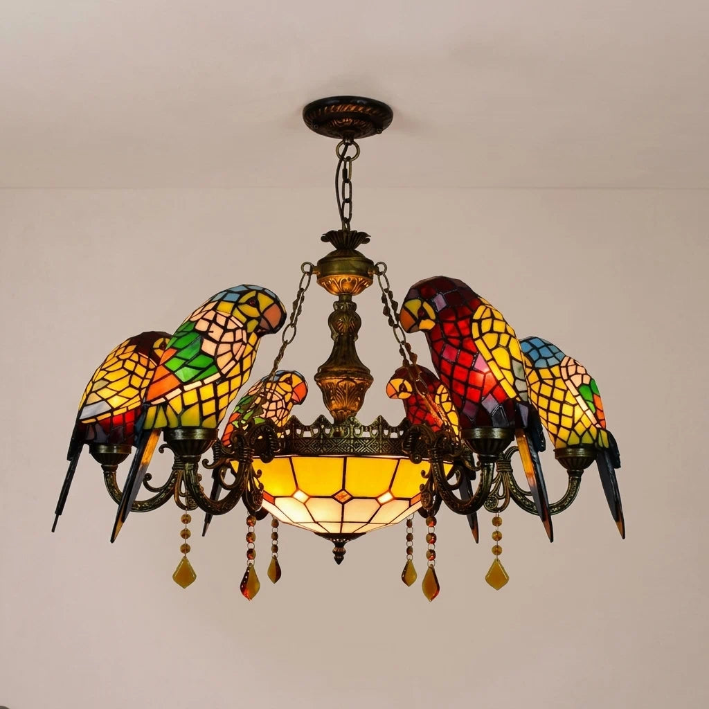 Retro Tiffany-Style Stained Glass Parrot Chandelier Vintage Multicolor Glass Bird Chandelier
