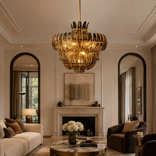 Amelia Smoke Amber Tiered Glass Chandelier Luxury Sculptural Glass Plate Pendant Light