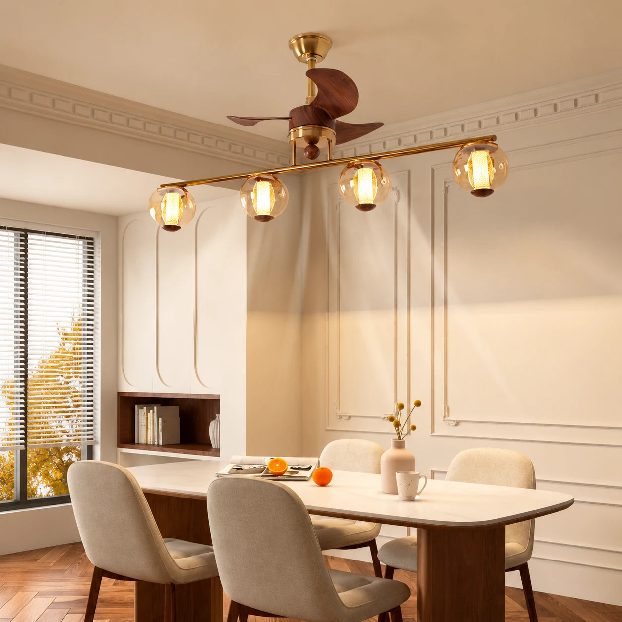Mid-Century Modern Straight Line Ceiling Fan with Light Glass Globe Fan-Light Combo For Kitchen Islands Dining