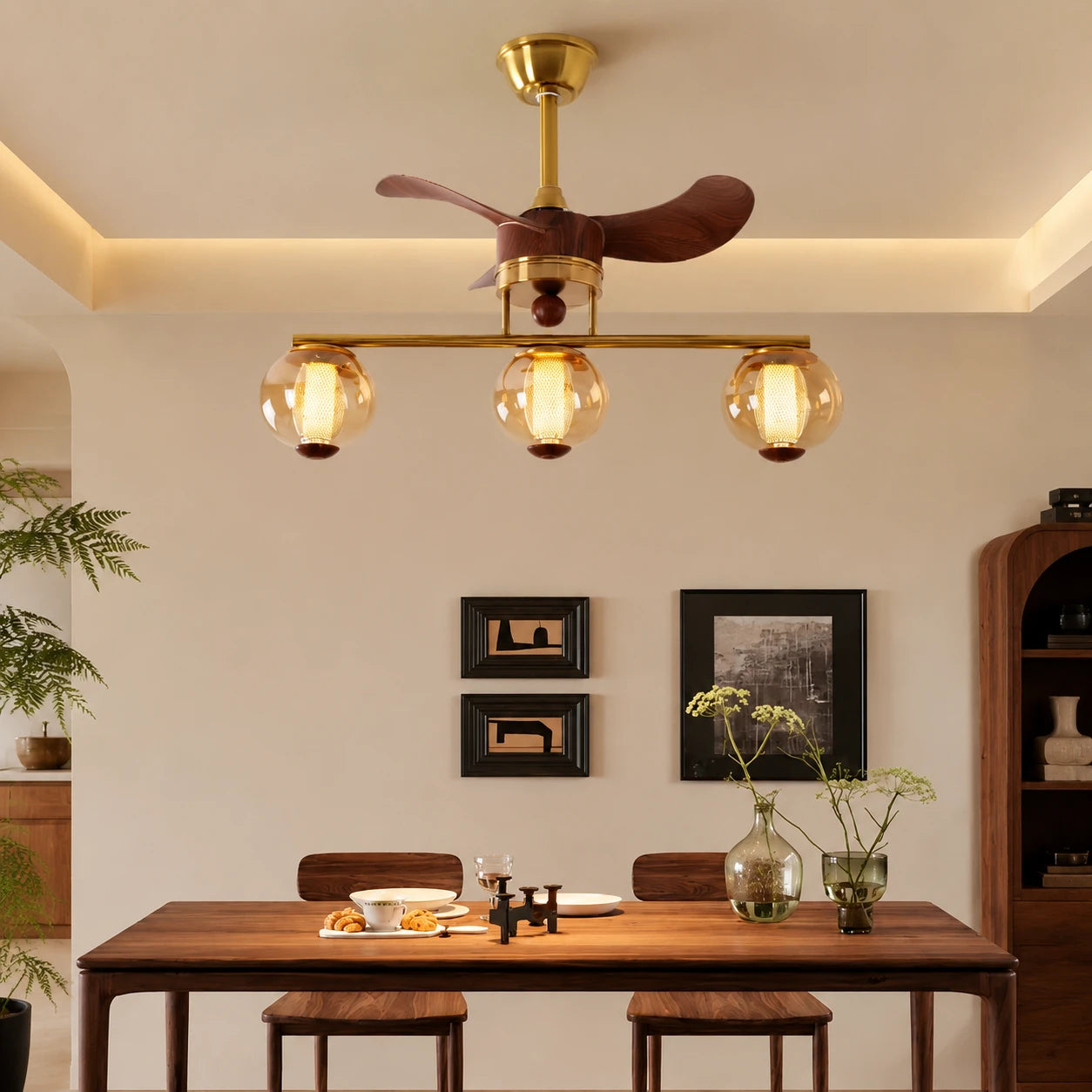 Mid-Century Modern Straight Line Ceiling Fan with Light Glass Globe Fan-Light Combo For Kitchen Islands Dining