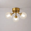 Modern Brass Semi Flush Mount 3-Header Ceiling Light with Clear Ribbed Glass Globe Bubbles
