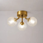 Modern Brass Semi Flush Mount 3-Header Ceiling Light with Clear Ribbed Glass Globe Bubbles