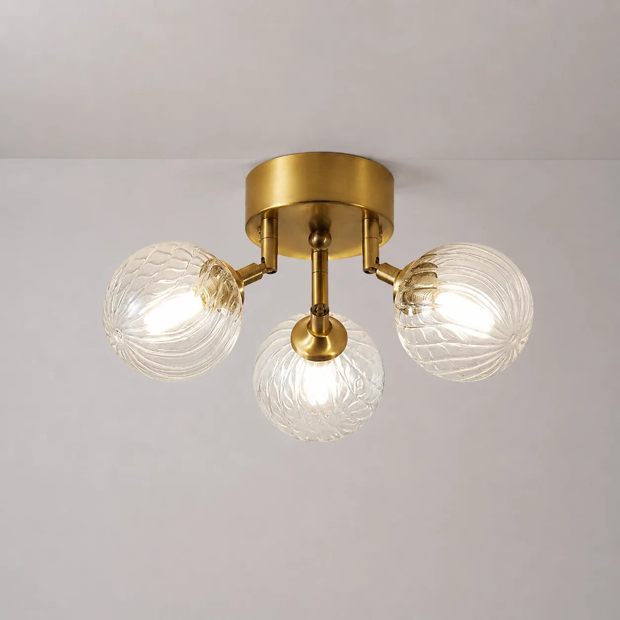 Modern Brass Semi Flush Mount 3-Header Ceiling Light with Clear Ribbed Glass Globe Bubbles